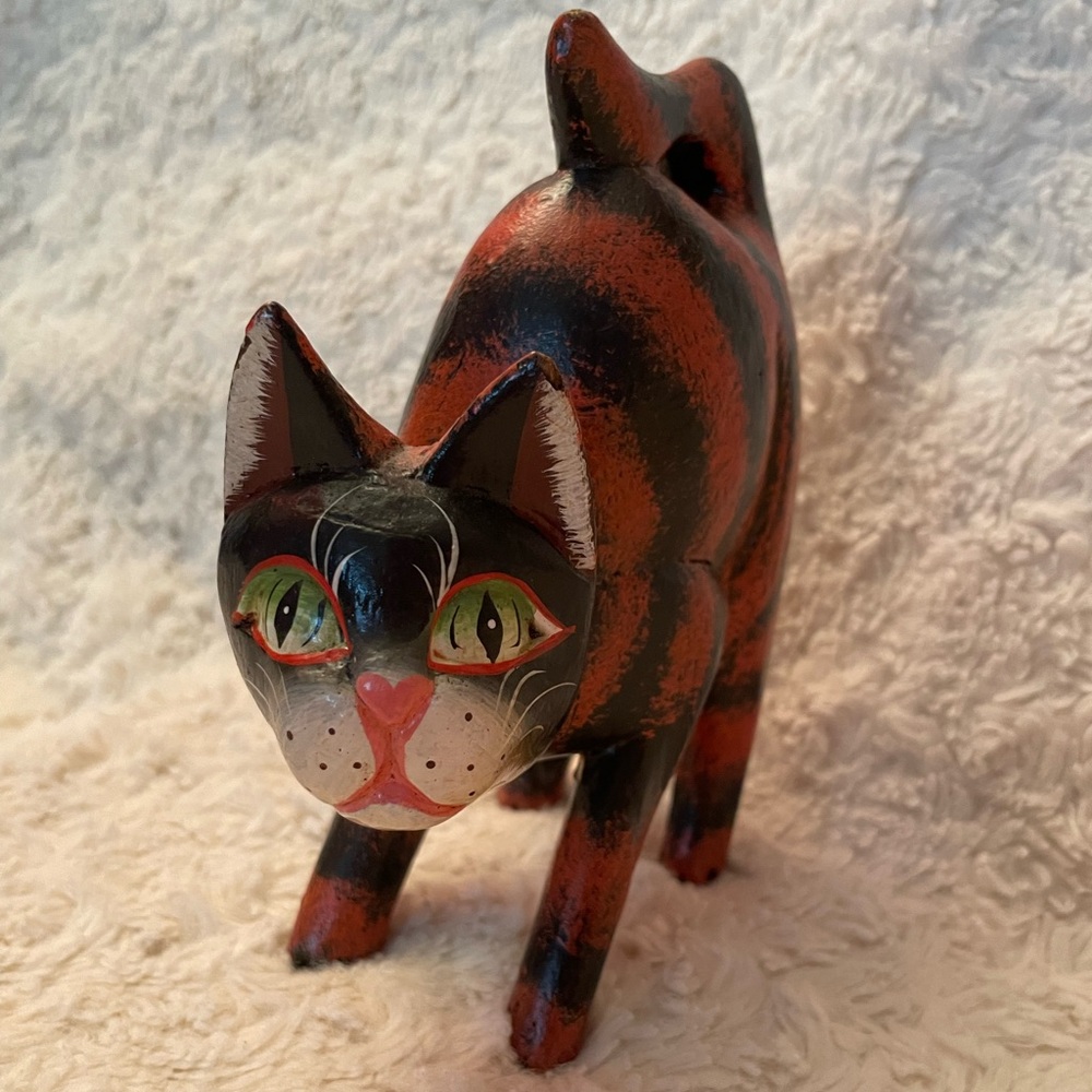 Vintage Wooden Orange & Brown Cat Sculpture Arched Back